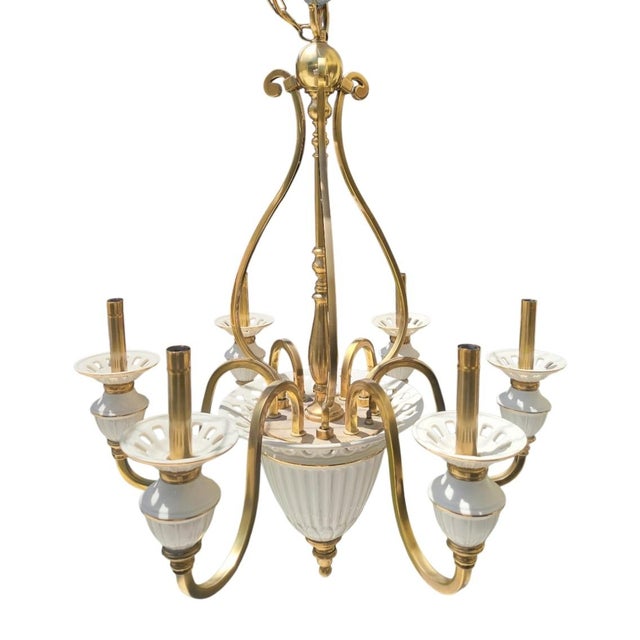Vintage Lenox Porcelain Brass Large 6 Light Traditional Chandelier For Sale - Image 12 of 14