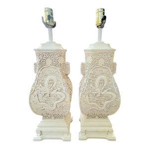 Vintage Cream Off White Chinoiserie Asian Dragon Carved Table Lamps- a Pair
