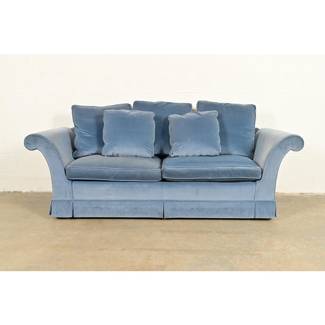 Baker Furniture Blue Velvet Upholstered Roll Arm Sofa For Sale - Image 13 of 13