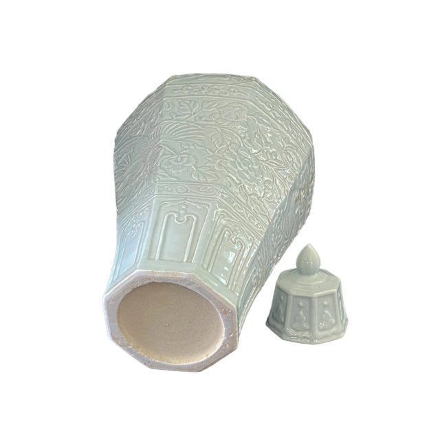 Chinoiserie Octagonal Celadon Lidded Vase. For Sale - Image 4 of 9