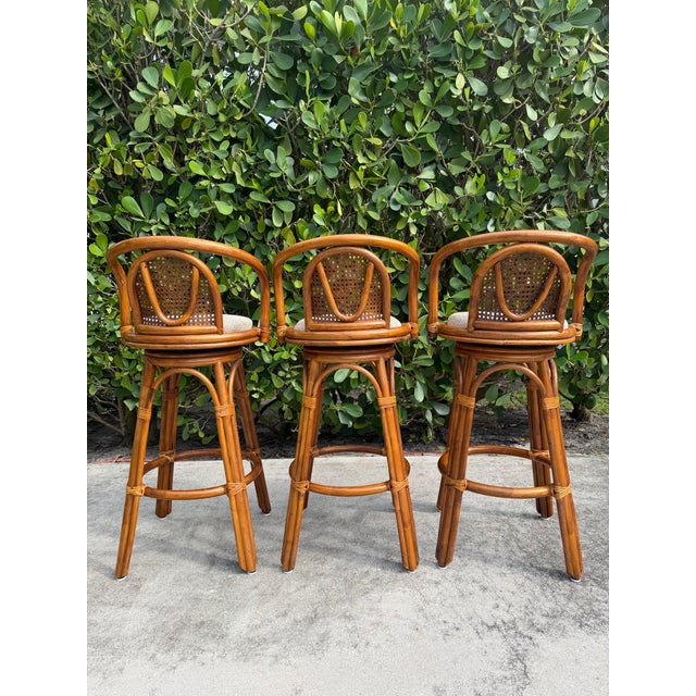 Vintage Organic Modern Swivel Rattan Cane Bar Stools, Set of 3 For Sale In Naples, FL - Image 6 of 12