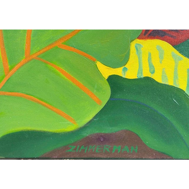 Red Marc Zimmerman "Lost and Found Chickens" Oil Painting, Tropical Chickens in Botanical Setting, Deep Green and Red, Contemporary Art West Coast For Sale - Image 8 of 11