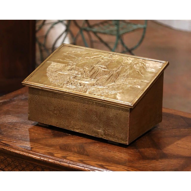 Brass Early 20th Century French Repousse Brass and Wooden Box With Sailboats Decor For Sale - Image 8 of 8