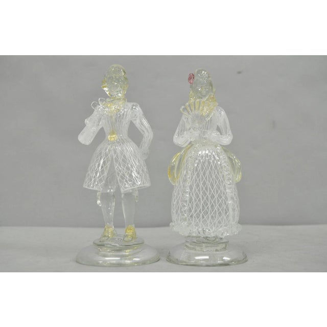 Vintage Italian Murano Latticino & Gold Leaf Art Glass Male & Female Figure Pair For Sale - Image 10 of 11