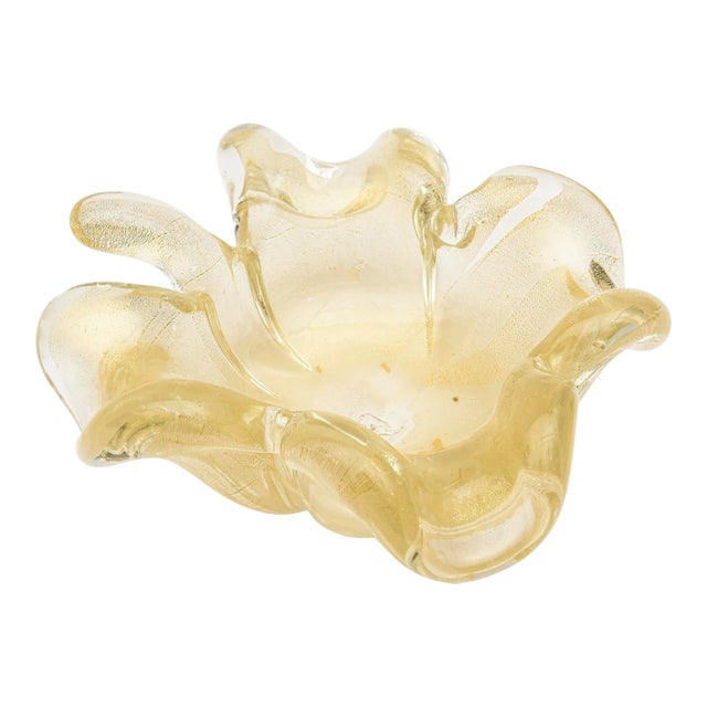 Vintage Murano Gold Aventurine Glass Flower Glass Bowl With Stem, 1950's For Sale