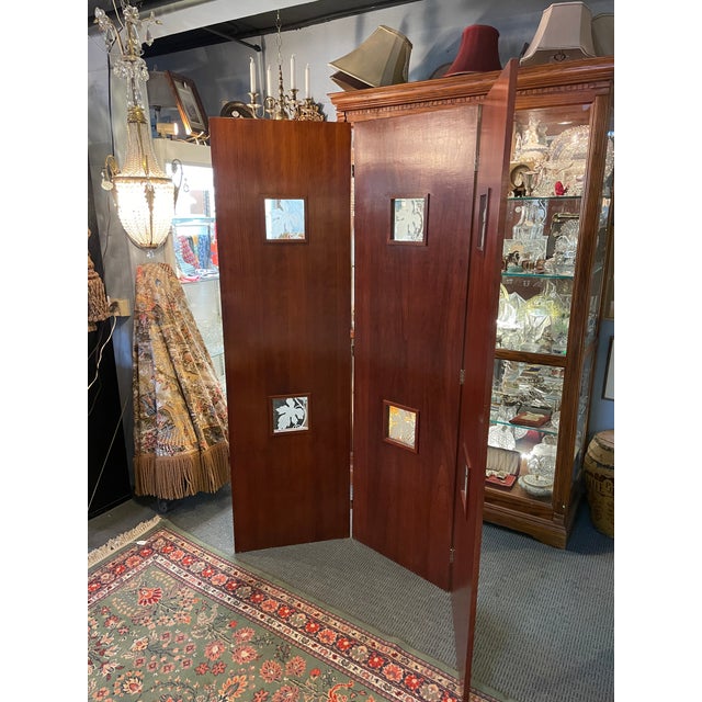 Sienna Vintage Art Deco Style Mahogany Etched Glass Three Panel Room Divider Screen For Sale - Image 8 of 13
