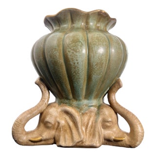 Vintage Hollywood Regency Celadon Triple Elephant Lotus Cachepot For Sale
