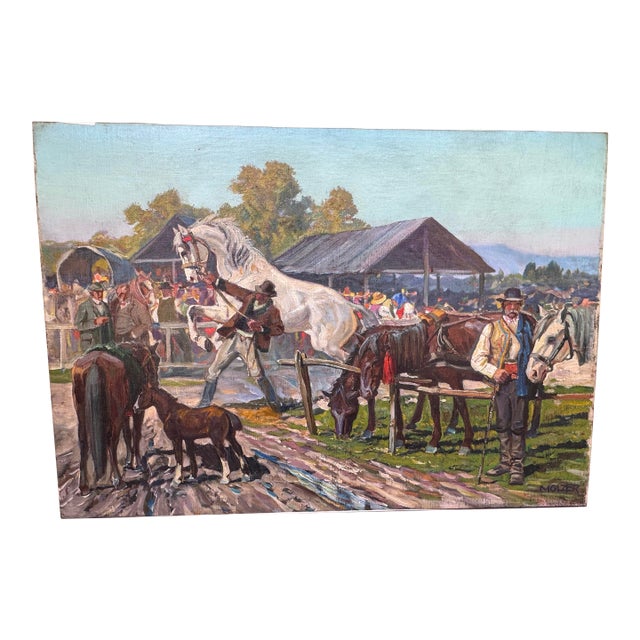 Vintage Painting on Canvas of Hungarian Horse Race- Signed For Sale