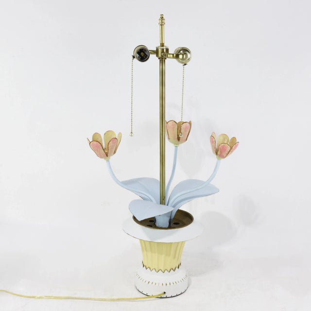 Metal Vintage Brunschwig & Fils Toleware Flower Table Lamp, Yellow and Pink Tulip Design For Sale - Image 7 of 13