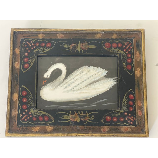 Original acrylic on paper painting of a swan in an antique Handpainted frame with butterflies.