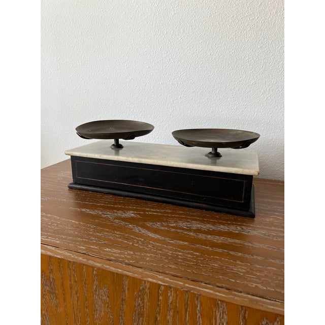 Antique French Bruyat Lyon Marble Top Kitchen & Culinary Balance Scale Ebonized Base and Brass Pans For Sale - Image 9 of 12