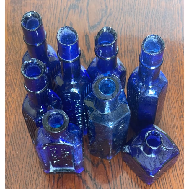 Curated Collection of 6 Victorian Cobalt Blue Apothecary & Poison Bottles For Sale - Image 6 of 8