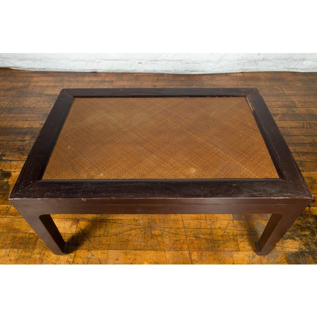 Brown Chinese Early 20th Century Dark Brown Elm Coffee Table with Rattan Inset Top For Sale - Image 8 of 13