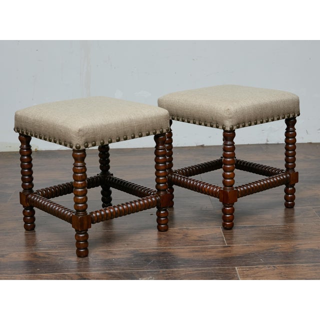 19th Century Pair of English 19th Century Hardwood Bobbin Stools with Linen Upholstery For Sale - Image 5 of 11