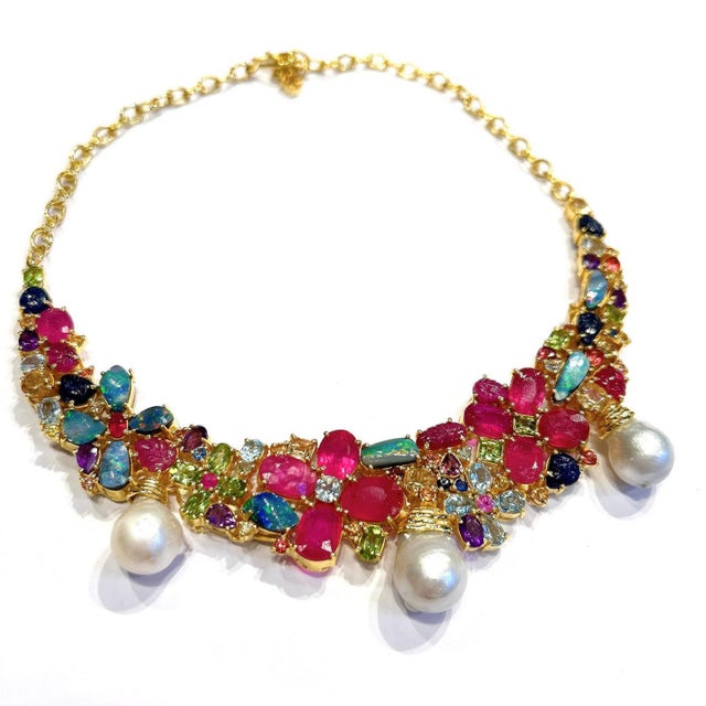 Bochic "Capri" Vintage Ruby, Amethyst, Sapphire & Pearl Necklace 18K Gold & Silver For Sale - Image 17 of 18