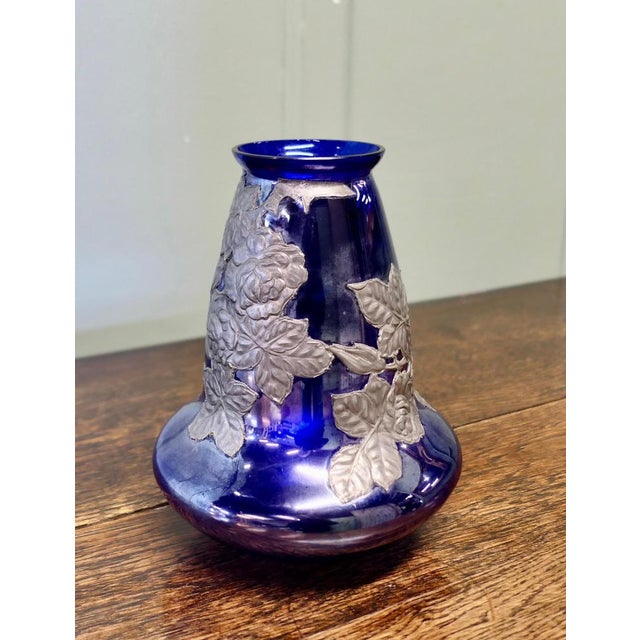 Art Nouveau Cobalt Blue Vase with Pewter Overlay, 1900s For Sale - Image 6 of 7