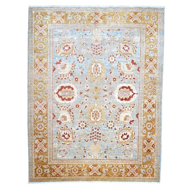 21st Century Afghan Oushak Wool 9x12 Blue & Gold Handmade Area Rug #1144045 For Sale
