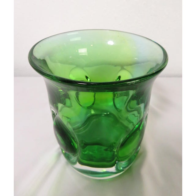 Glass Mid Century Kosta Boda Signed Goran Warff Art Glass Green Pinched Bubble Vase For Sale - Image 7 of 18