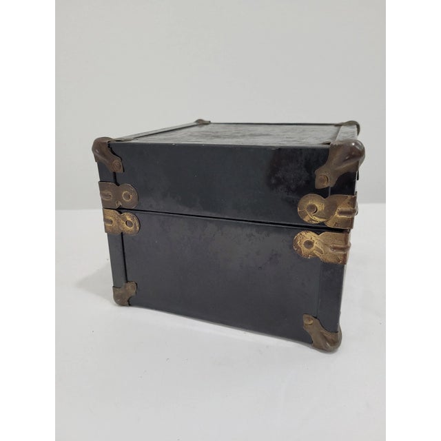 Vintage Small Art Deco Black Metal Steamer Trunk Suitcase Storage Box