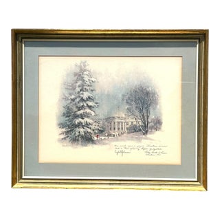 1965 Lyndon B. & Lady Bird Johnson Signed White House at Christmas Framed Painting For Sale