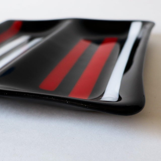 Mid Century Modern Fused Glass Art Tray in Red and Black | Chairish
