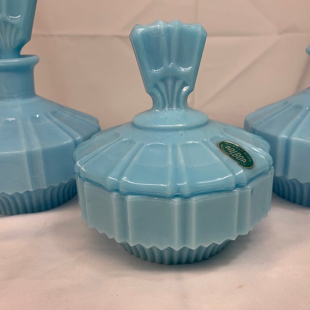 Art Deco Set of 3 French Blue Opaline Vanity Bottles and Lidded Jar Murano Imported by Balboa Made in Italy For Sale - Image 3 of 10
