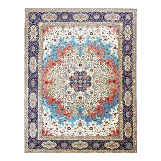 Antique Persian Tabriz Wool 10x13 Ivory, Blue & Salmon Handmade Area Rug #9902352 For Sale