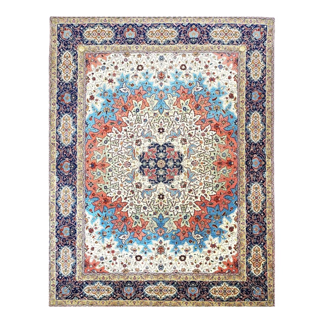 Antique Persian Tabriz Wool 10x13 Ivory, Blue & Salmon Handmade Area Rug #9902352 For Sale