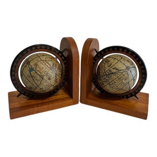 Midcentury Wooden Rotating Globe Bookends—A Pair For Sale