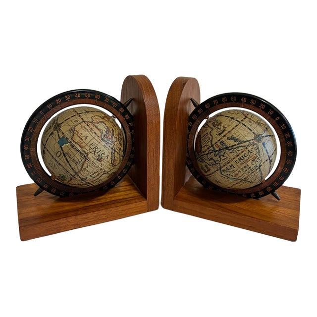 Midcentury Wooden Rotating Globe Bookends—A Pair For Sale