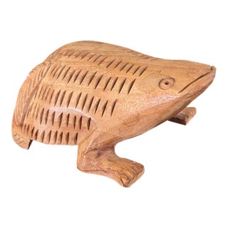 Hand-Carved Mid-20th Century Wooden Frog Sculpture With Incised Detailing For Sale