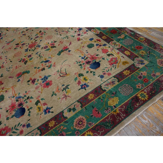 1920s Ivory Green Floral Modern Antique Chinese Art Deco Rug 9'2" X 11'7" Handknotted Wool Carpet For Sale - Image 9 of 15