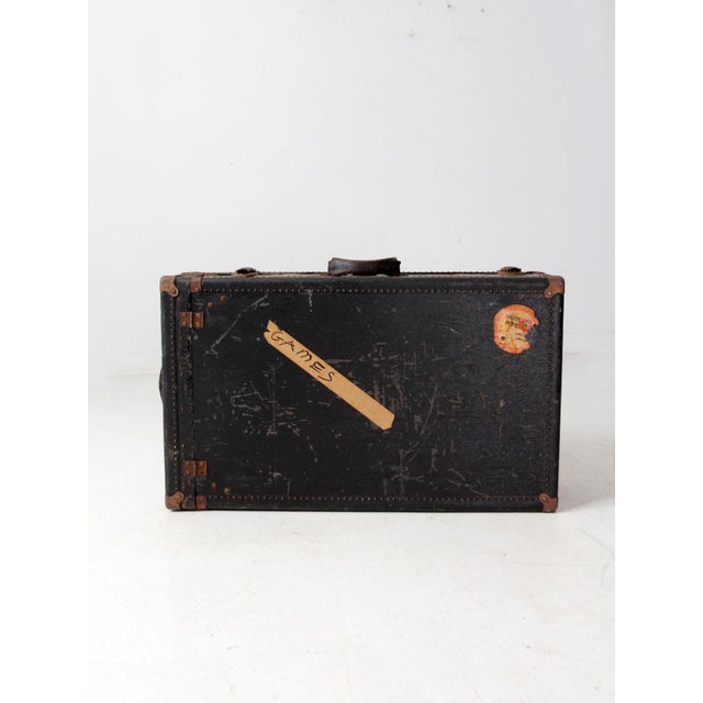 Antique Leather Trunk Suitcase With Original Travel Stickers For Sale - Image 14 of 17