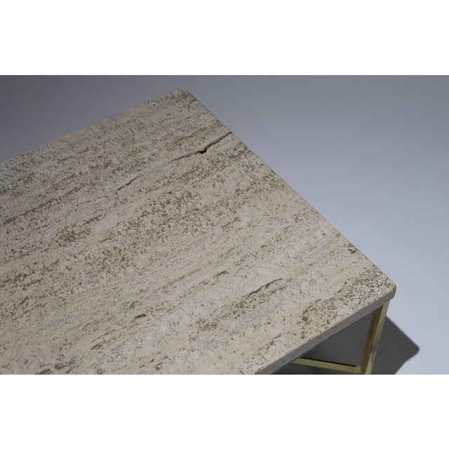 Small travertine and brass side table or cocktail table designed by Paul McCobb for Calvin.