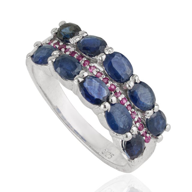 Contemporary 2.29 Ct Blue Sapphire and Ruby Handmade 925 Sterling Silver Ring, Size 5 For Sale - Image 3 of 14