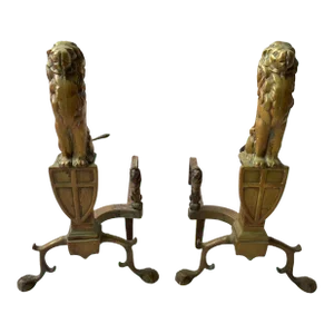 1910 Bronze Lion Andirons - a Pair