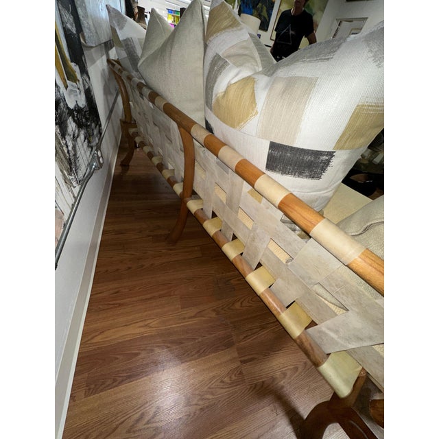 T.H. Robsjohn Gibbings Rare T.H. Robsjohn Gibbings Bleached Walnut & Vellum Strap Sofa Settee For Sale - Image 4 of 12