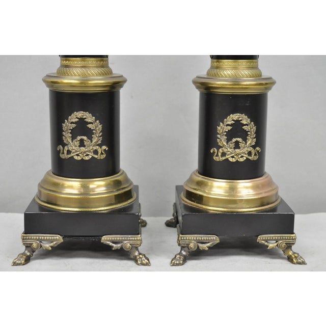 Vintage French Empire Style Black Column Brass Ormolu Bouillotte Table Lamp Pair For Sale - Image 4 of 15