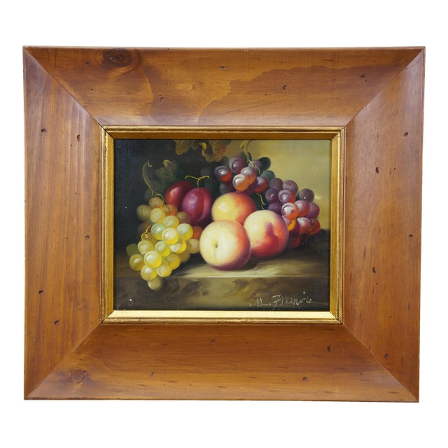 Late 20th Century Timeless Treasures M. Francis Still Life Grape Peach Plum Fruit Oil Painting 18" For Sale