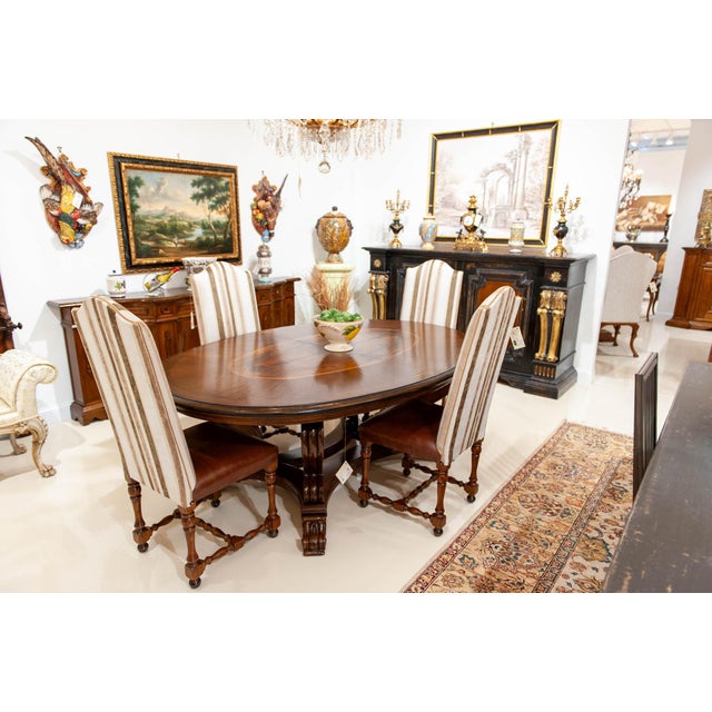 Walnut Oval Dining Table With Inlaid Top and Carved Pedestal Base For Sale - Image 4 of 4