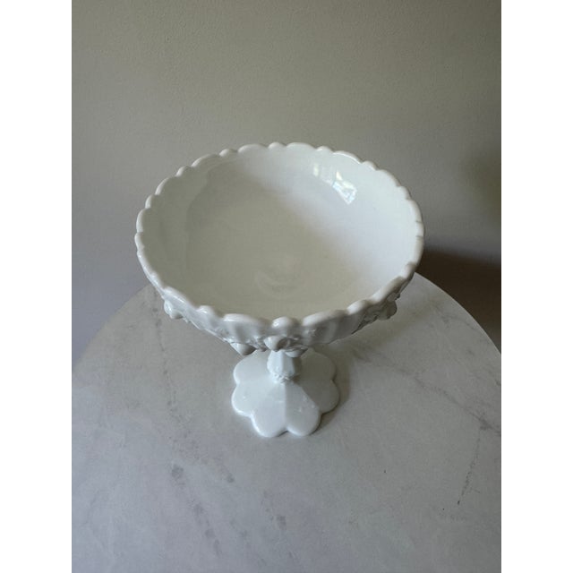 1960s Vintage Milk Glass Pedestal Compote With Embossed Rose and Fruit Relief, C. 1950s–60s For Sale - Image 5 of 7