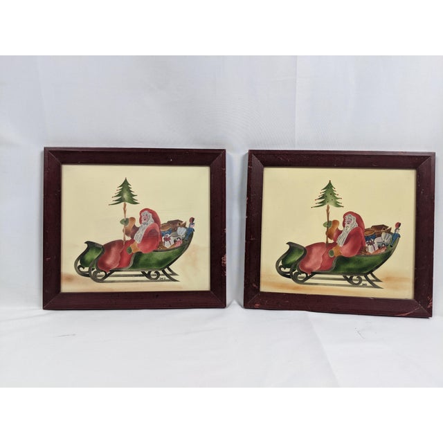 American Vintage Theorem-Style Folk Art Santa Claus Christmas Wall Art – Set of 5 For Sale - Image 3 of 16