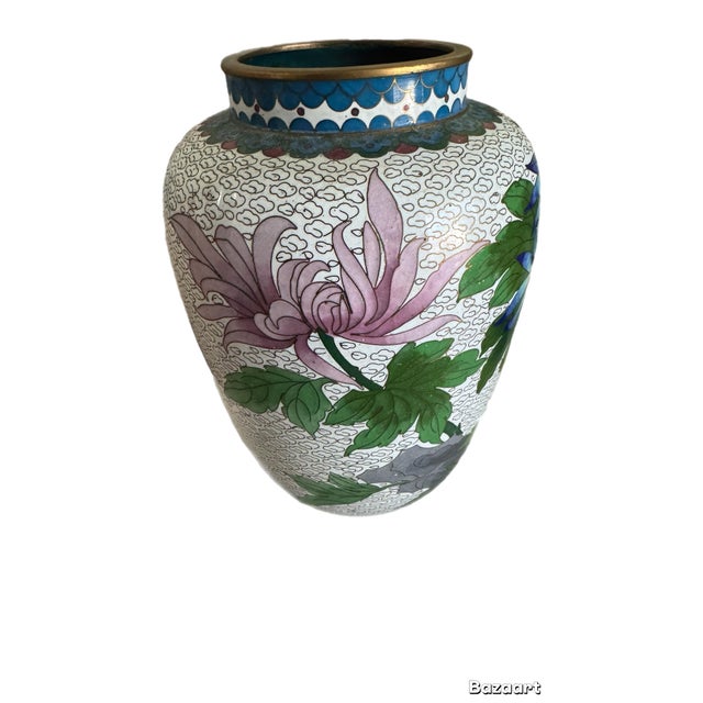 Metal Vintage Zi Jin Cheng Chinese White Cloisonne Floral Lidded Ginger Jar - 11.5" H For Sale - Image 7 of 12