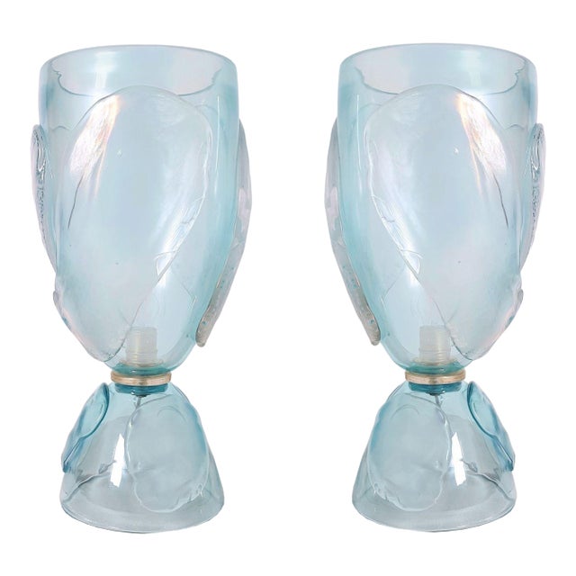 1970s Mid Century Modern Blue, Seguso Style Murano Glass Lamps - A Pair For Sale