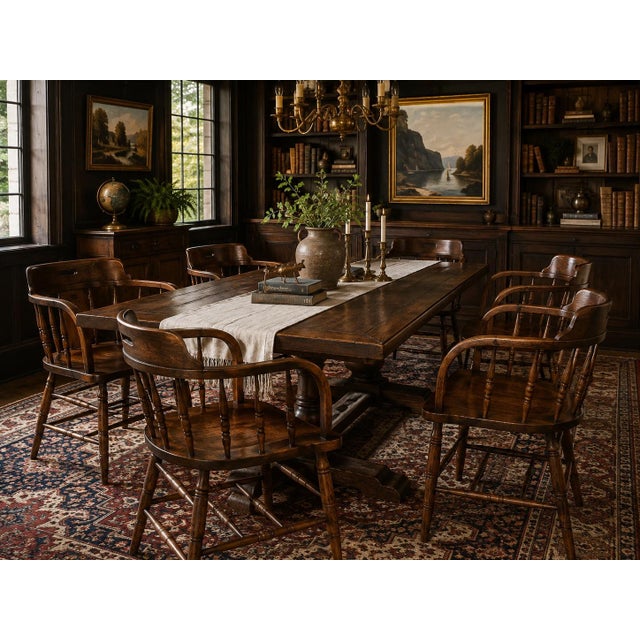 An exceptional matched set of six vintage Windsor captain’s chairs by celebrated Massachusetts chairmaker S. Bent &...