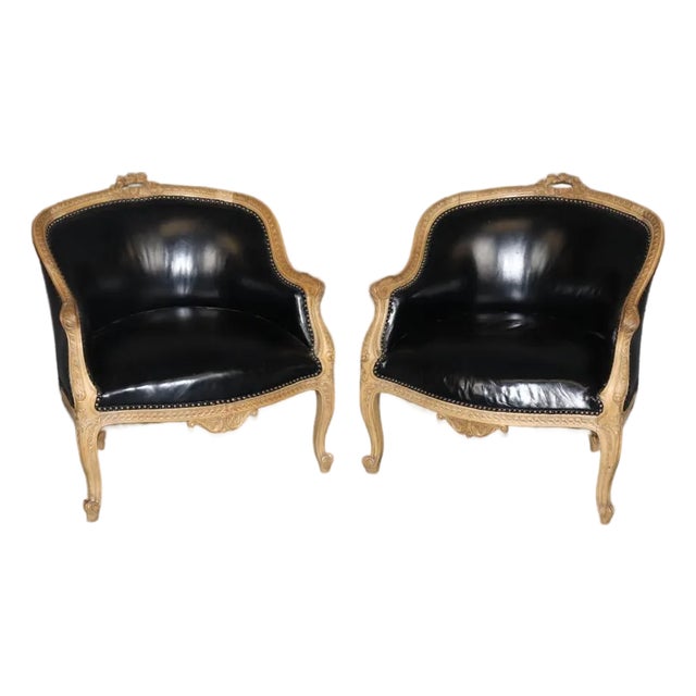 Paint Decorated Walnut Leather French Louis XV Style 1950s Era Bergere Chairs For Sale