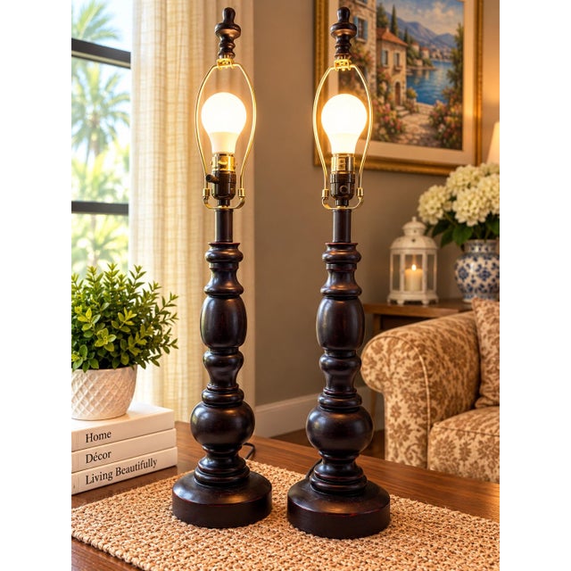Wood Pair of Vintage-Style Dark Wood-Look Table Lamps For Sale - Image 7 of 9