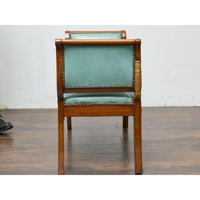Brown English Regency Mahogany Leather Bench with Gilt Dolphin Armrests For Sale - Image 8 of 12