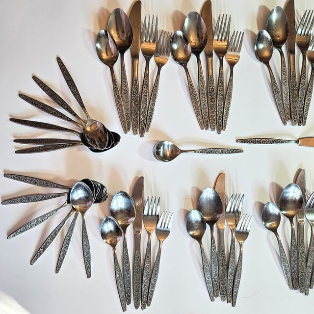 Silver Complete 12 Settings Plus Stainless Repousse Flatware - Set of 76 For Sale - Image 8 of 12