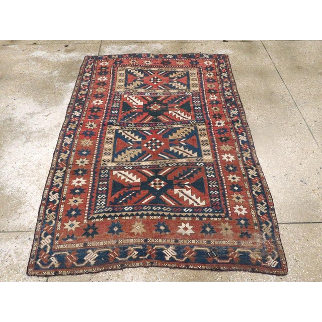 Galerie Shabab Collection Distressed Caucasian Rug With a Tribal Design in Rust, Dark Blue, and Cream For Sale - Image 4 of 8